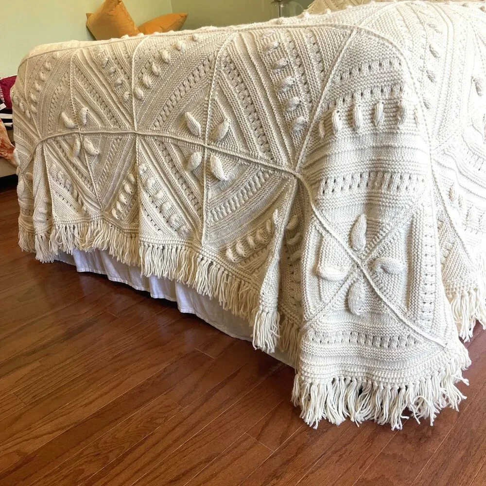 Vintage 1970s Hand Knit Queen Bedspread Blanket Set Ivory Boho Cottage Grandma